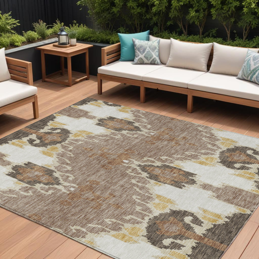 9' X 12' Brown Taupe And Beige Ikat Washable Indoor Outdoor Area Rug