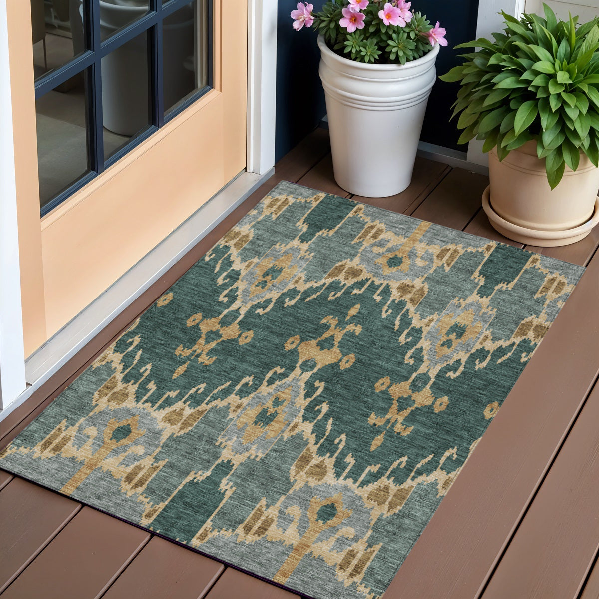 3' X 5' Green Gray And Gold Ikat Washable Indoor Outdoor Area Rug