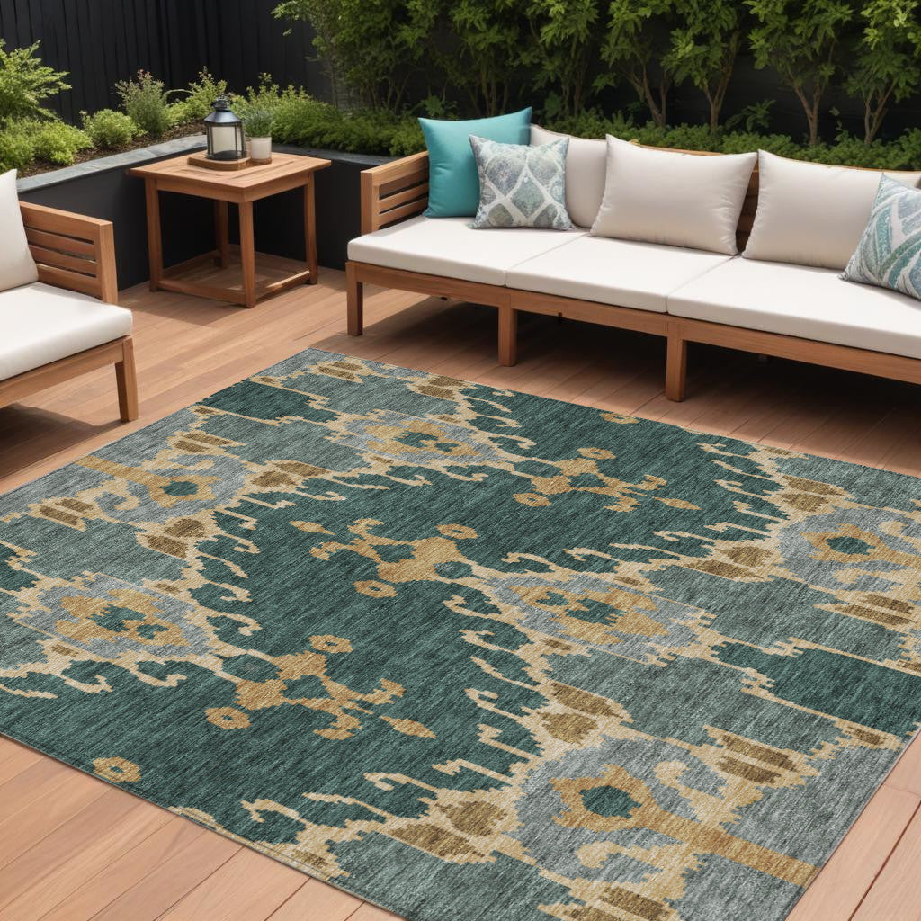 9' X 12' Green Gray And Gold Ikat Washable Indoor Outdoor Area Rug