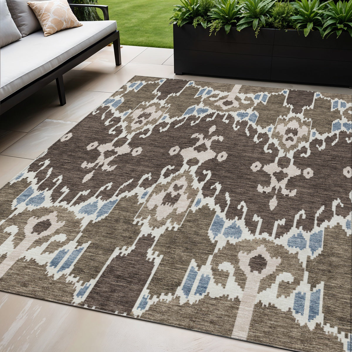 5' X 8' Brown And Taupe Ikat Washable Indoor Outdoor Area Rug