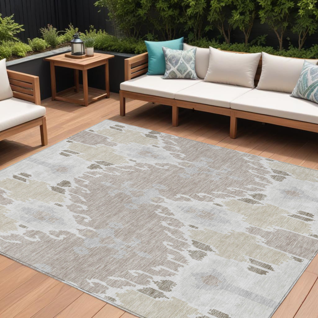 9' X 12' Ivory Beige And Taupe Ikat Washable Indoor Outdoor Area Rug