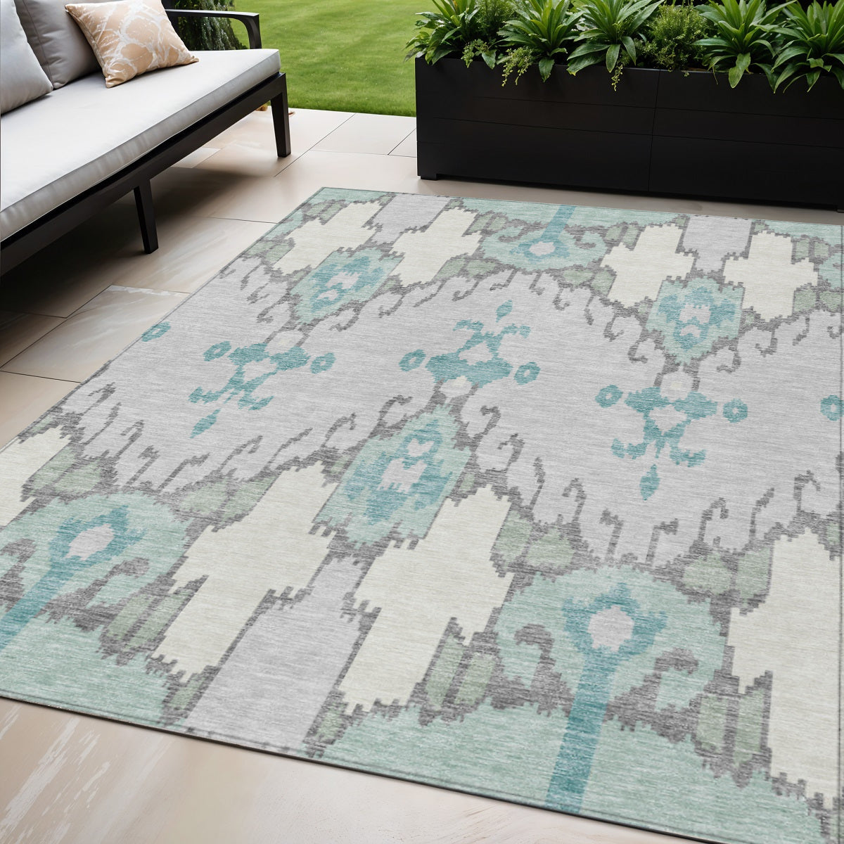5' X 8' Mint Green Teal Blue And Ivory Ikat Washable Indoor Outdoor Area Rug