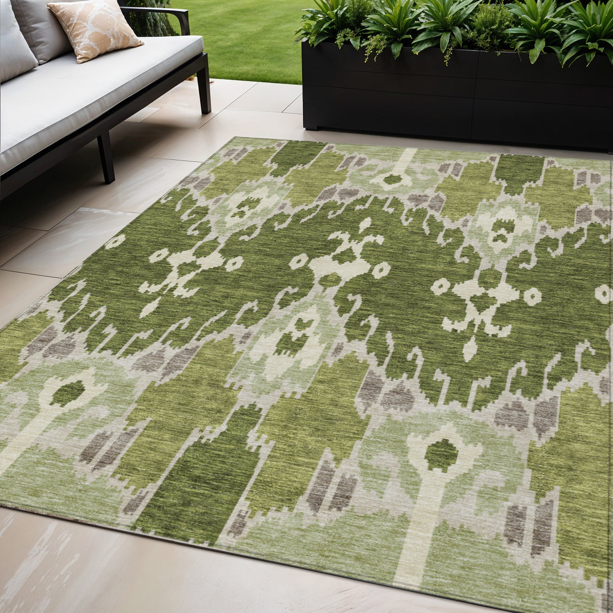 5' X 8' Olive Green And Artichoke Green Ikat Washable Indoor Outdoor Area Rug