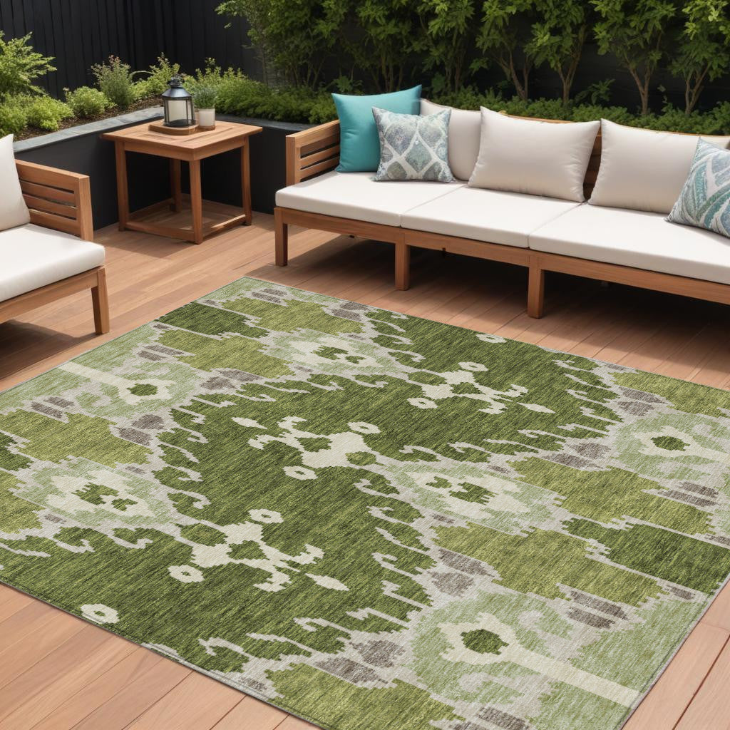 10' X 14' Olive Green And Artichoke Green Ikat Washable Indoor Outdoor Area Rug