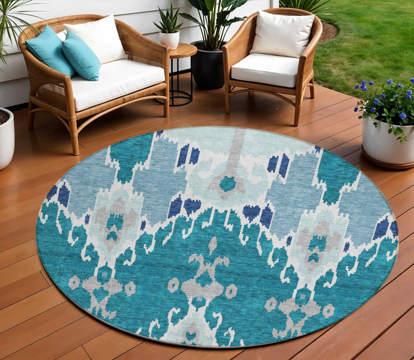 8' Teal Blue Navy Blue And Gray Round Ikat Washable Indoor Outdoor Area Rug