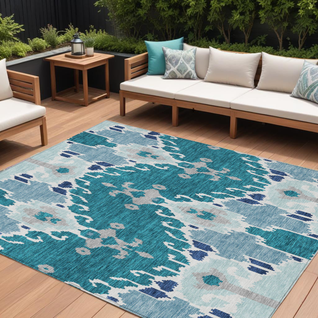 9' X 12' Teal Blue Navy Blue And Gray Ikat Washable Indoor Outdoor Area Rug