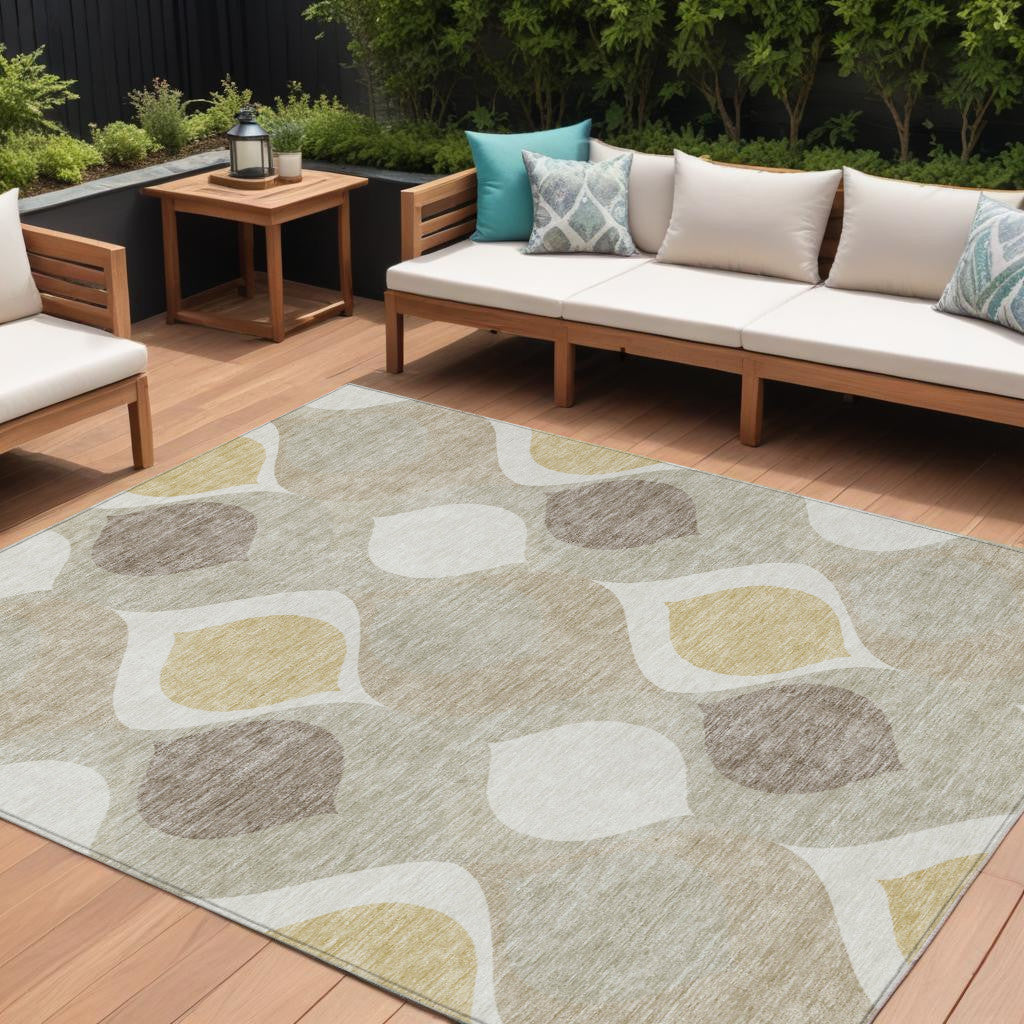 10' X 14' Beige Taupe And Ivory Ogee Washable Indoor Outdoor Area Rug