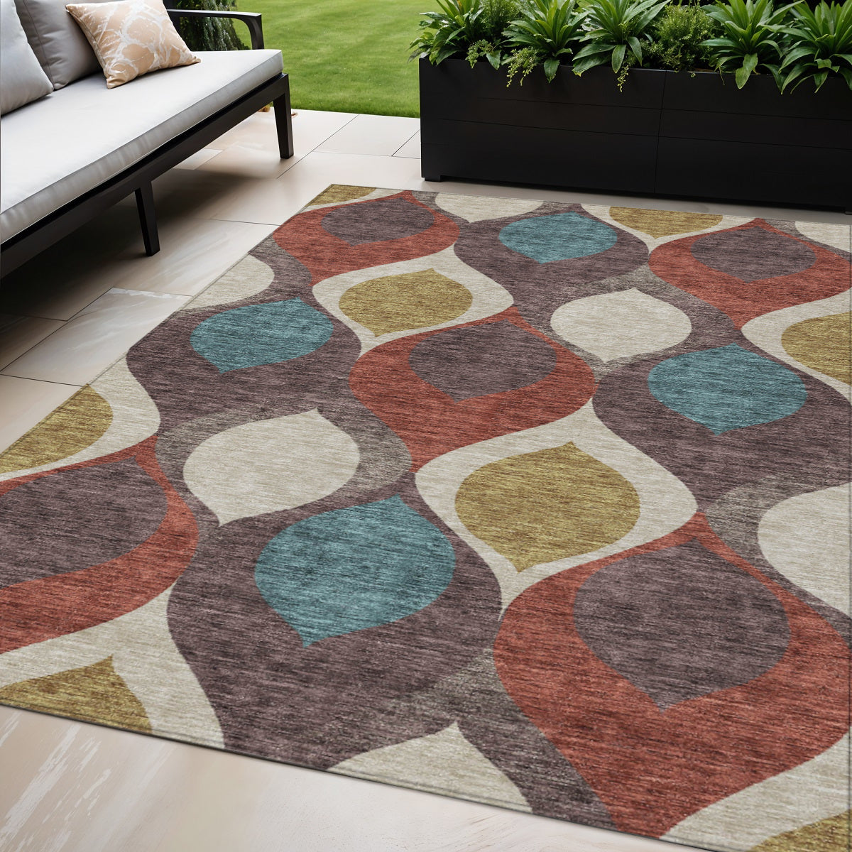 5' X 8' Brown Taupe And Teal Blue Ogee Washable Indoor Outdoor Area Rug