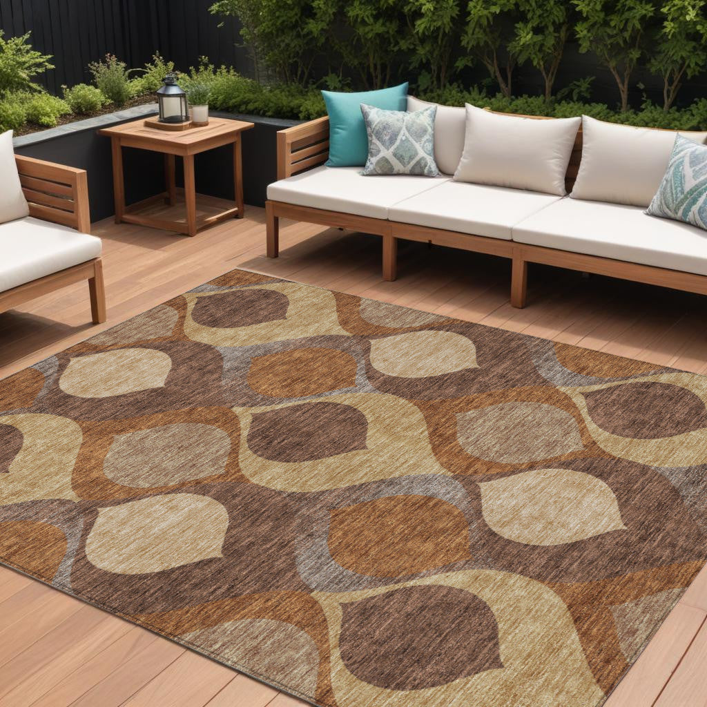 8' X 10' Copper Beige And Taupe Ogee Washable Indoor Outdoor Area Rug