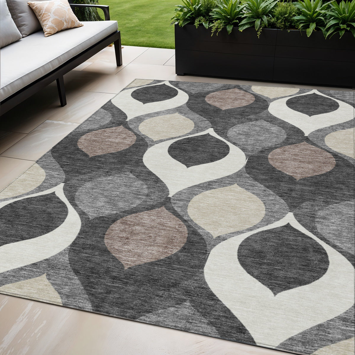 5' X 8' Gray Beige And Taupe Ogee Washable Indoor Outdoor Area Rug