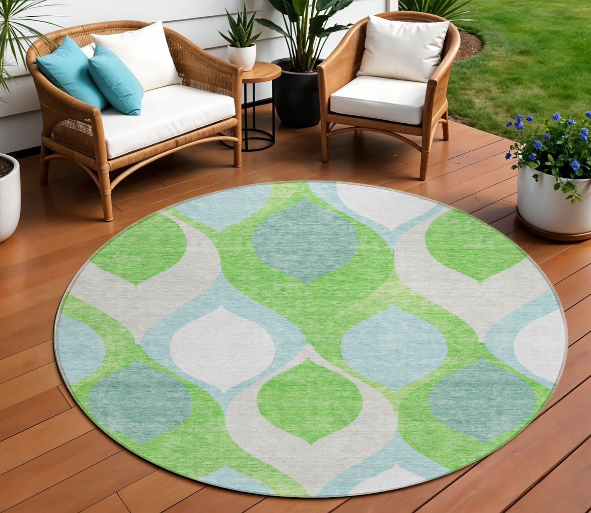 8' Lime Green Sky Blue And Denim Blue Round Ogee Washable Indoor Outdoor Area Rug