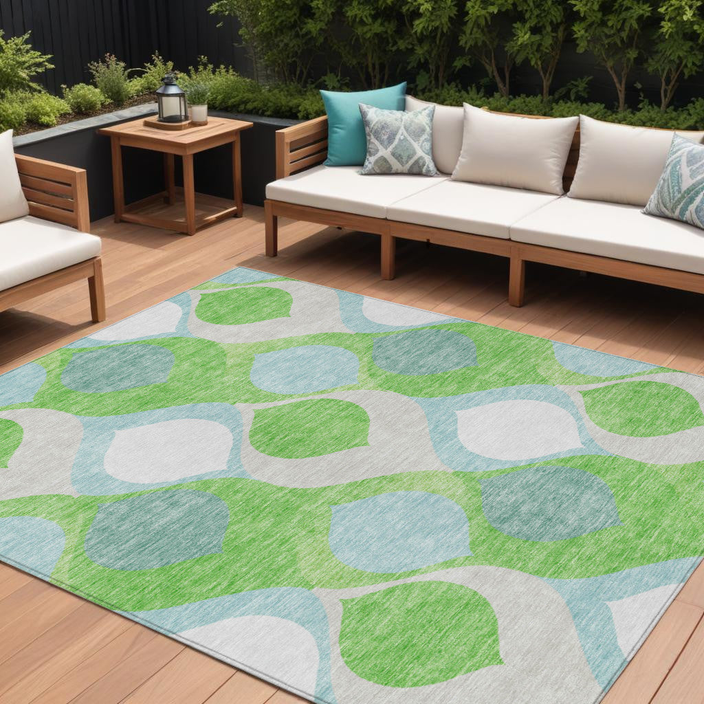 9' X 12' Lime Green Sky Blue And Denim Blue Ogee Washable Indoor Outdoor Area Rug