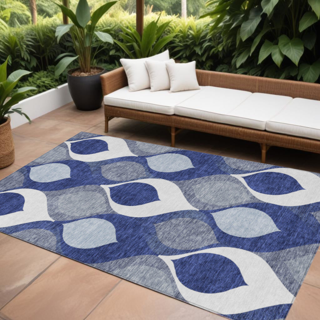 9' X 12' Navy Blue And Denim Blue Ogee Washable Indoor Outdoor Area Rug