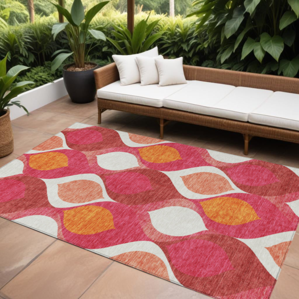 9' X 12' Pink Mauve And Orange Ogee Washable Indoor Outdoor Area Rug