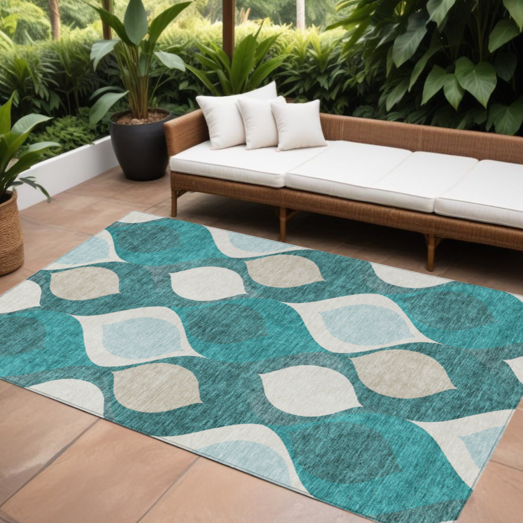 9' X 12' Teal Blue Sky Blue And Ivory Ogee Washable Indoor Outdoor Area Rug
