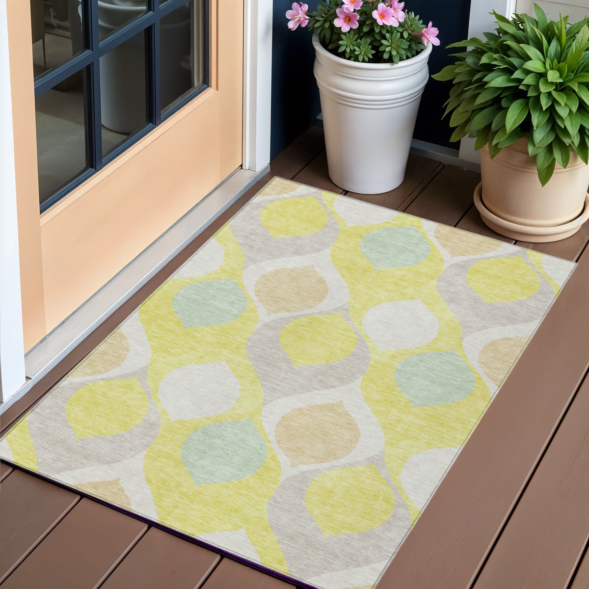 3' X 5' Yellow Mint Green And Beige Ogee Washable Indoor Outdoor Area Rug