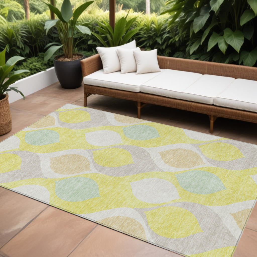 9' X 12' Yellow Mint Green And Beige Ogee Washable Indoor Outdoor Area Rug