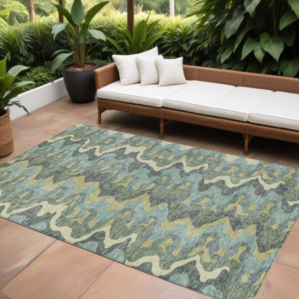 9' X 12' Sage And Artichoke Green Abstract Washable Indoor Outdoor Area Rug