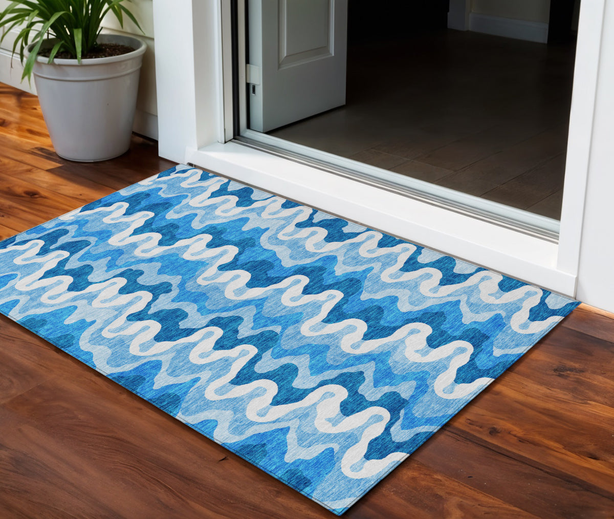 3' X 5' Sky Blue Denim Blue And Ivory Abstract Washable Indoor Outdoor Area Rug