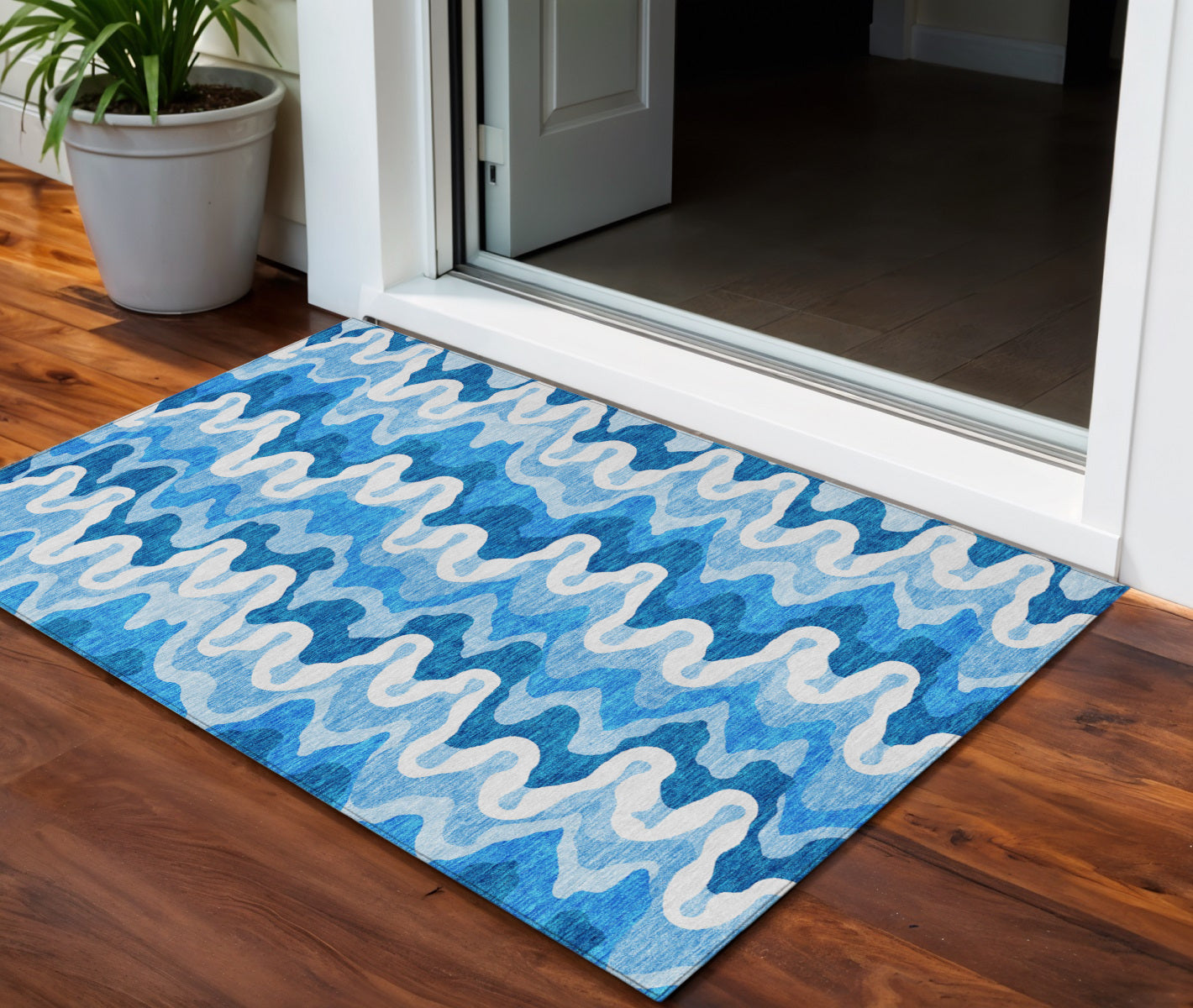3' X 5' Sky Blue Denim Blue And Ivory Abstract Washable Indoor Outdoor Area Rug