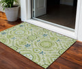 3' X 5' Artichoke Green Olive Green And Blue Floral Washable Indoor Outdoor Area Rug