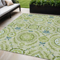 5' X 8' Artichoke Green Olive Green And Blue Floral Washable Indoor Outdoor Area Rug