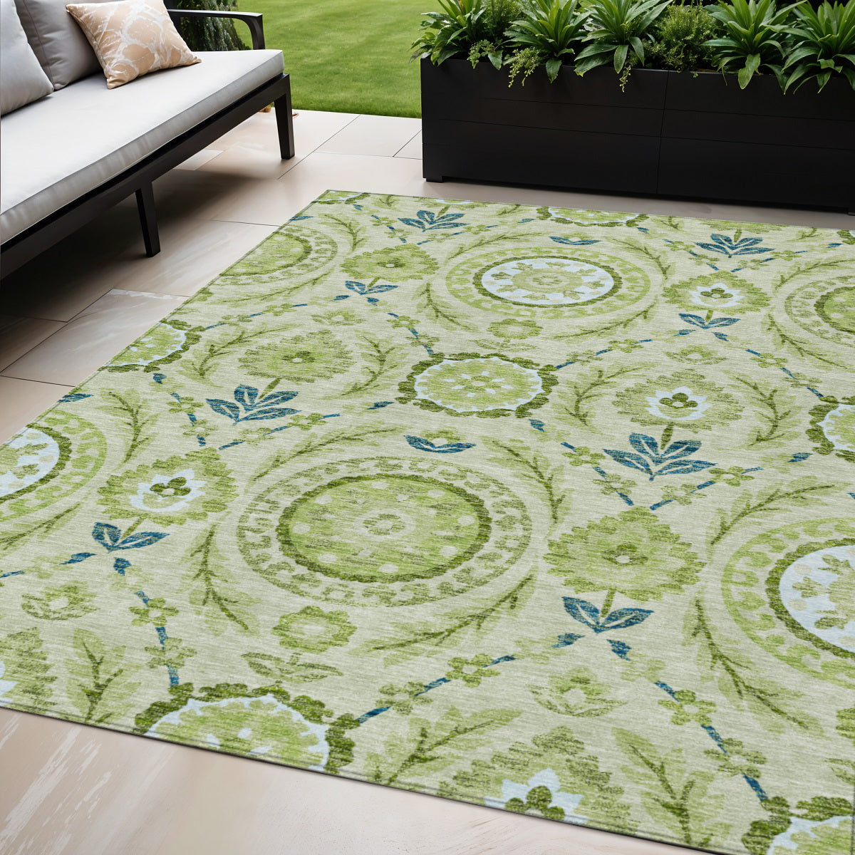 5' X 8' Artichoke Green Olive Green And Blue Floral Washable Indoor Outdoor Area Rug