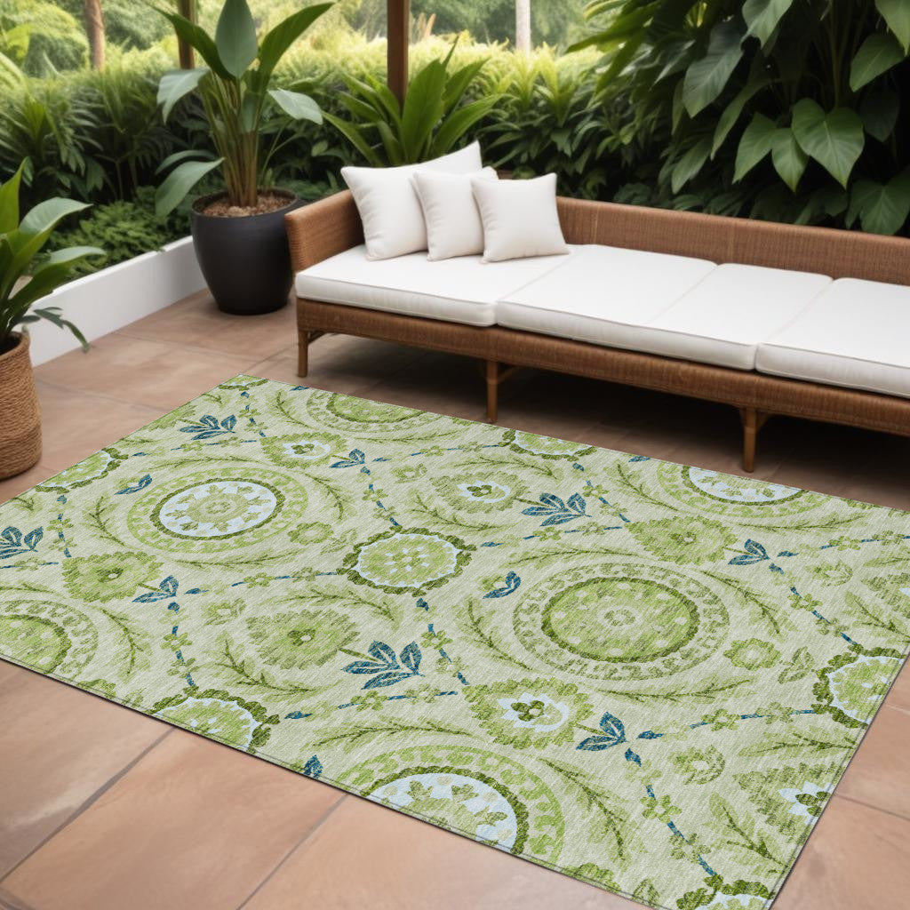 10' X 14' Artichoke Green Olive Green And Blue Floral Washable Indoor Outdoor Area Rug