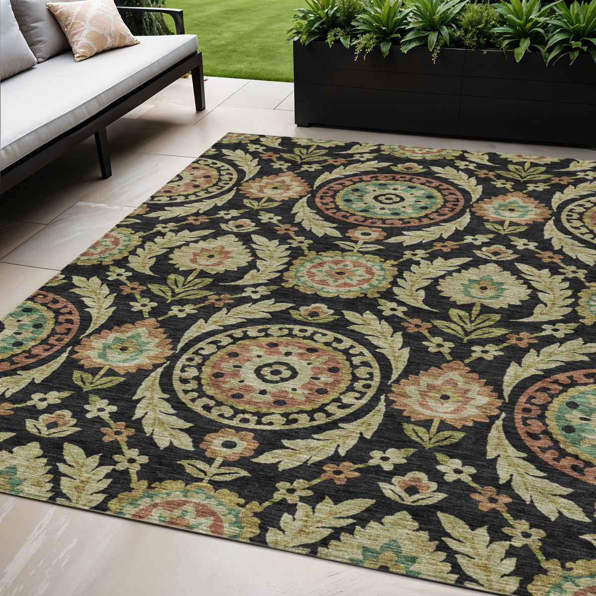 5' X 8' Black Gold And Copper Floral Washable Indoor Outdoor Area Rug