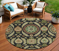 8' Black Gold And Copper Round Floral Washable Indoor Outdoor Area Rug