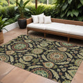 9' X 12' Black Gold And Copper Floral Washable Indoor Outdoor Area Rug