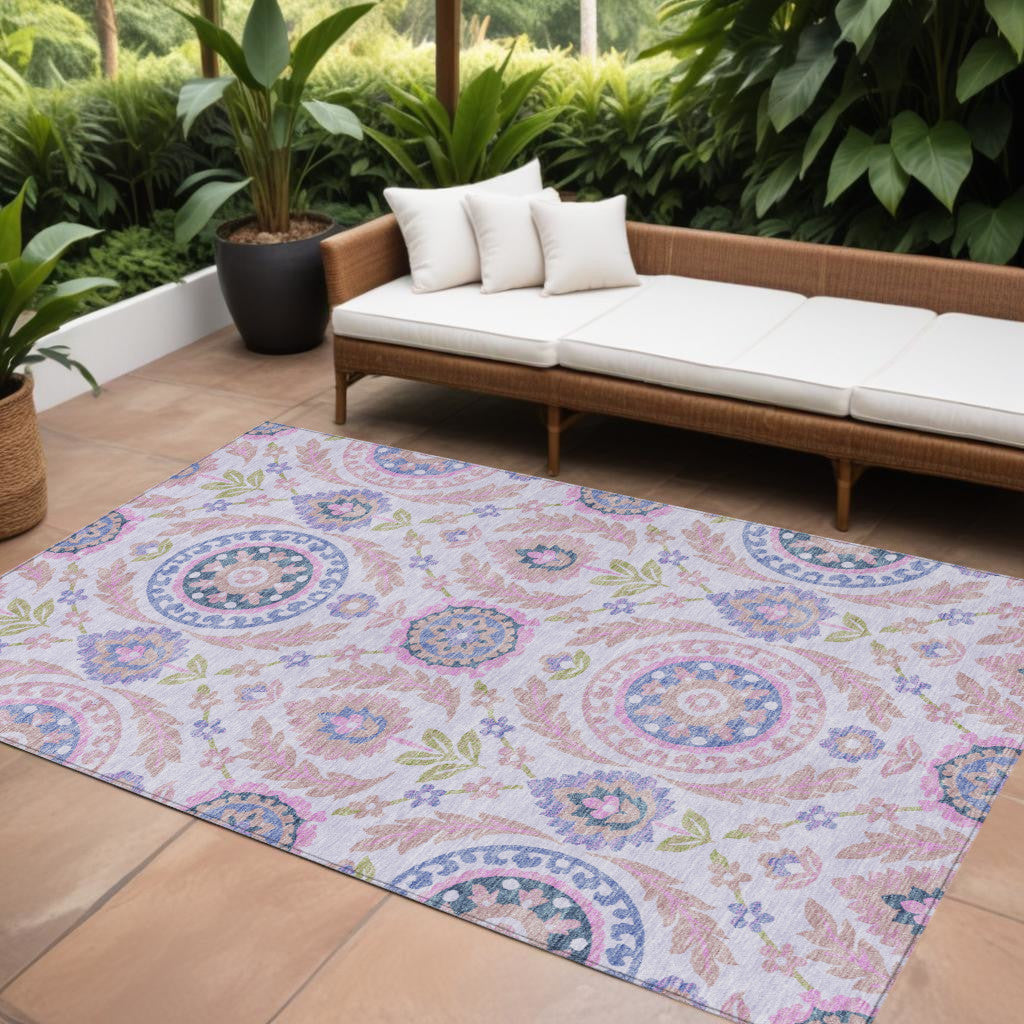 10' X 14' Blush Lavender And Purple Floral Washable Indoor Outdoor Area Rug
