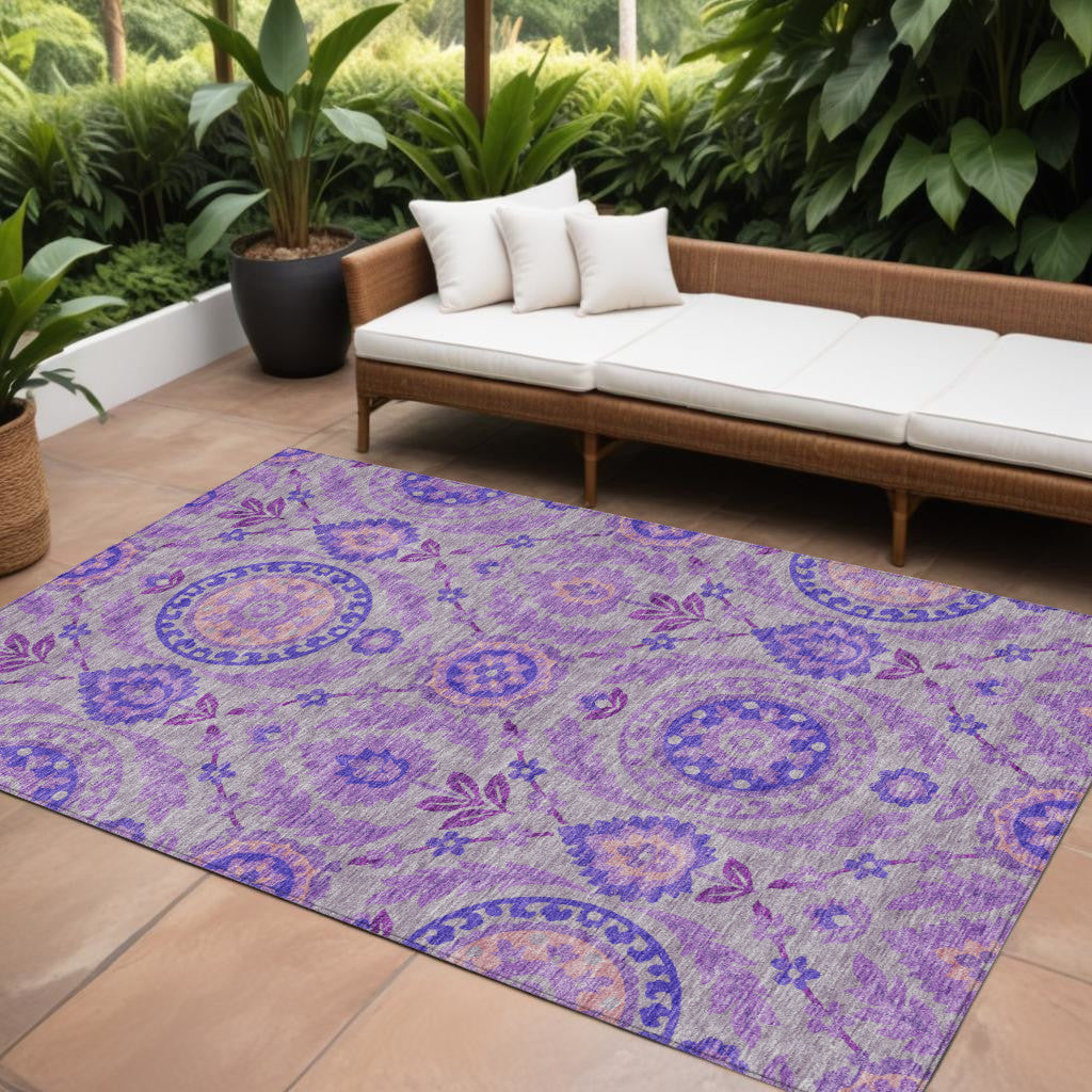 9' X 12' Lavender Lilac And Gray Floral Washable Indoor Outdoor Area Rug