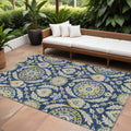 9' X 12' Navy Blue Gold And Beige Floral Washable Indoor Outdoor Area Rug