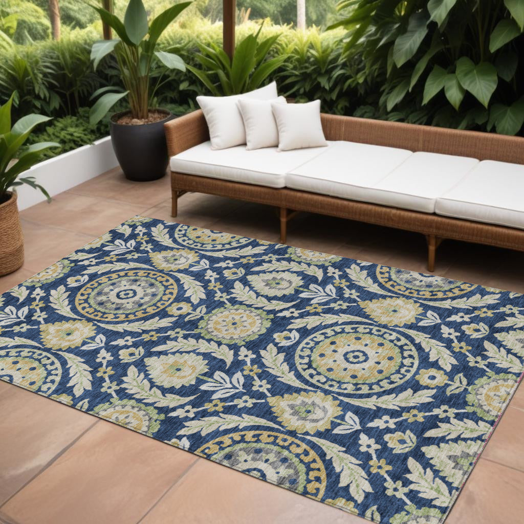 9' X 12' Navy Blue Gold And Beige Floral Washable Indoor Outdoor Area Rug