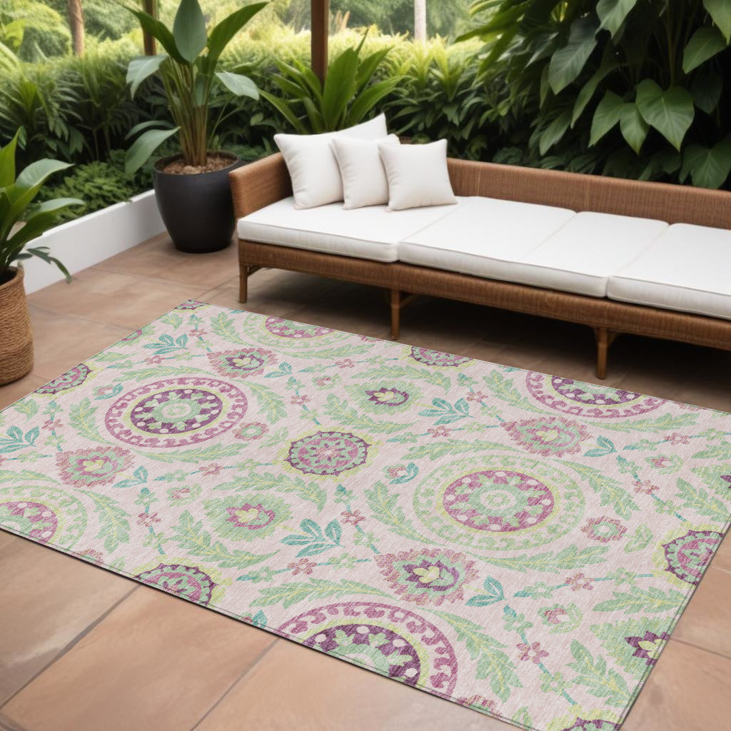 9' X 12' Pink Mauve And Mint Green Floral Washable Indoor Outdoor Area Rug
