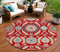 8' Red Beige And Navy Blue Round Floral Washable Indoor Outdoor Area Rug