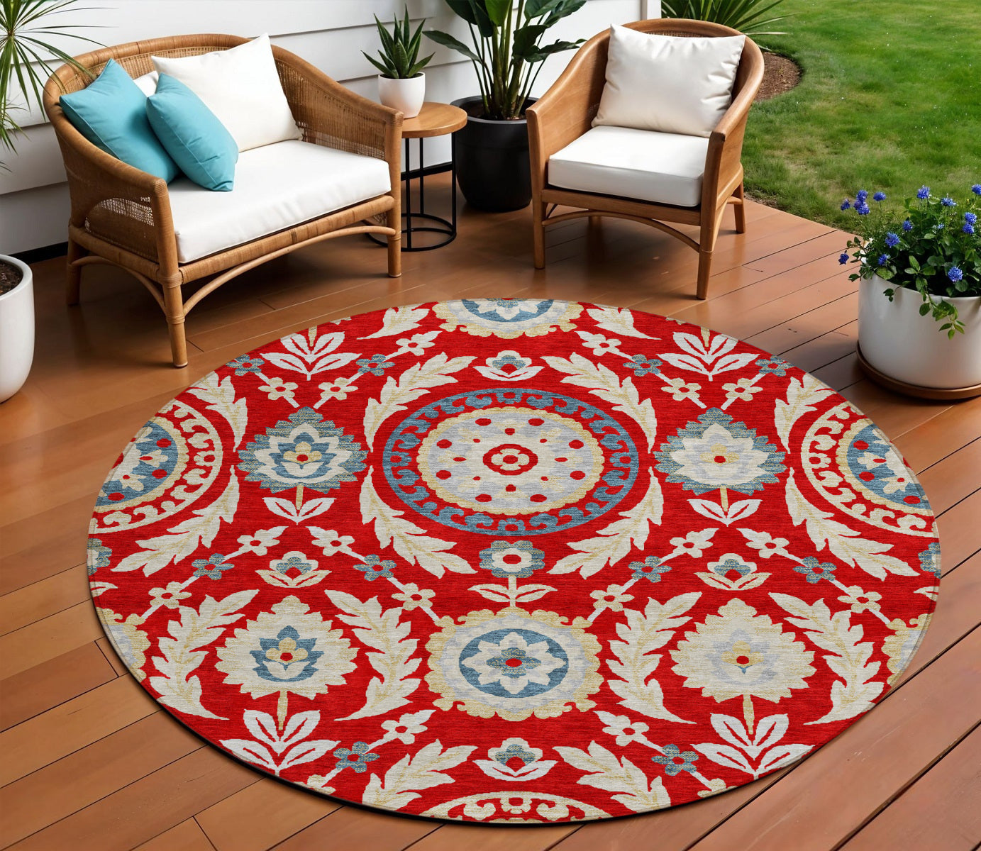 8' Red Beige And Navy Blue Round Floral Washable Indoor Outdoor Area Rug