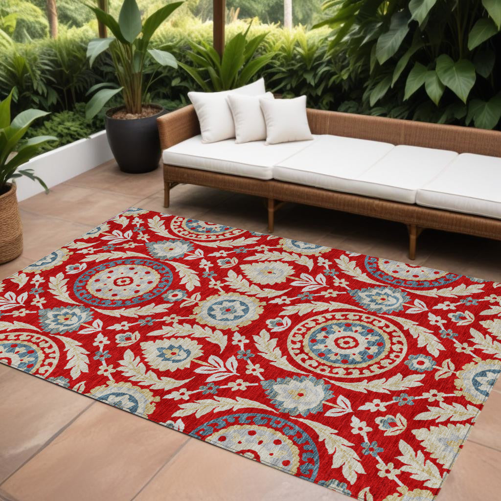 9' X 12' Red Beige And Navy Blue Floral Washable Indoor Outdoor Area Rug