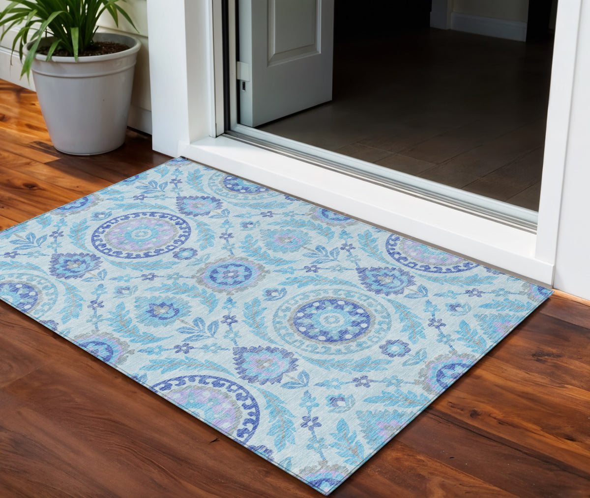 3' X 5' Sky Blue And Lavender Floral Washable Indoor Outdoor Area Rug