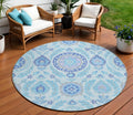 8' Sky Blue And Lavender Round Floral Washable Indoor Outdoor Area Rug
