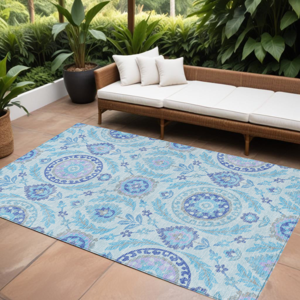 9' X 12' Sky Blue And Lavender Floral Washable Indoor Outdoor Area Rug