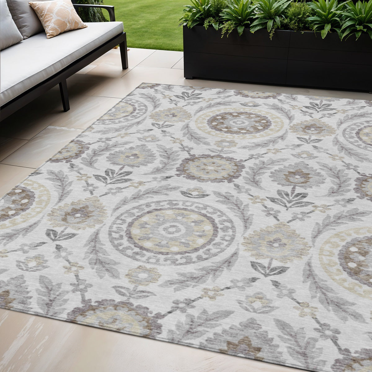 5' X 8' Silver Gray And Taupe Floral Washable Indoor Outdoor Area Rug