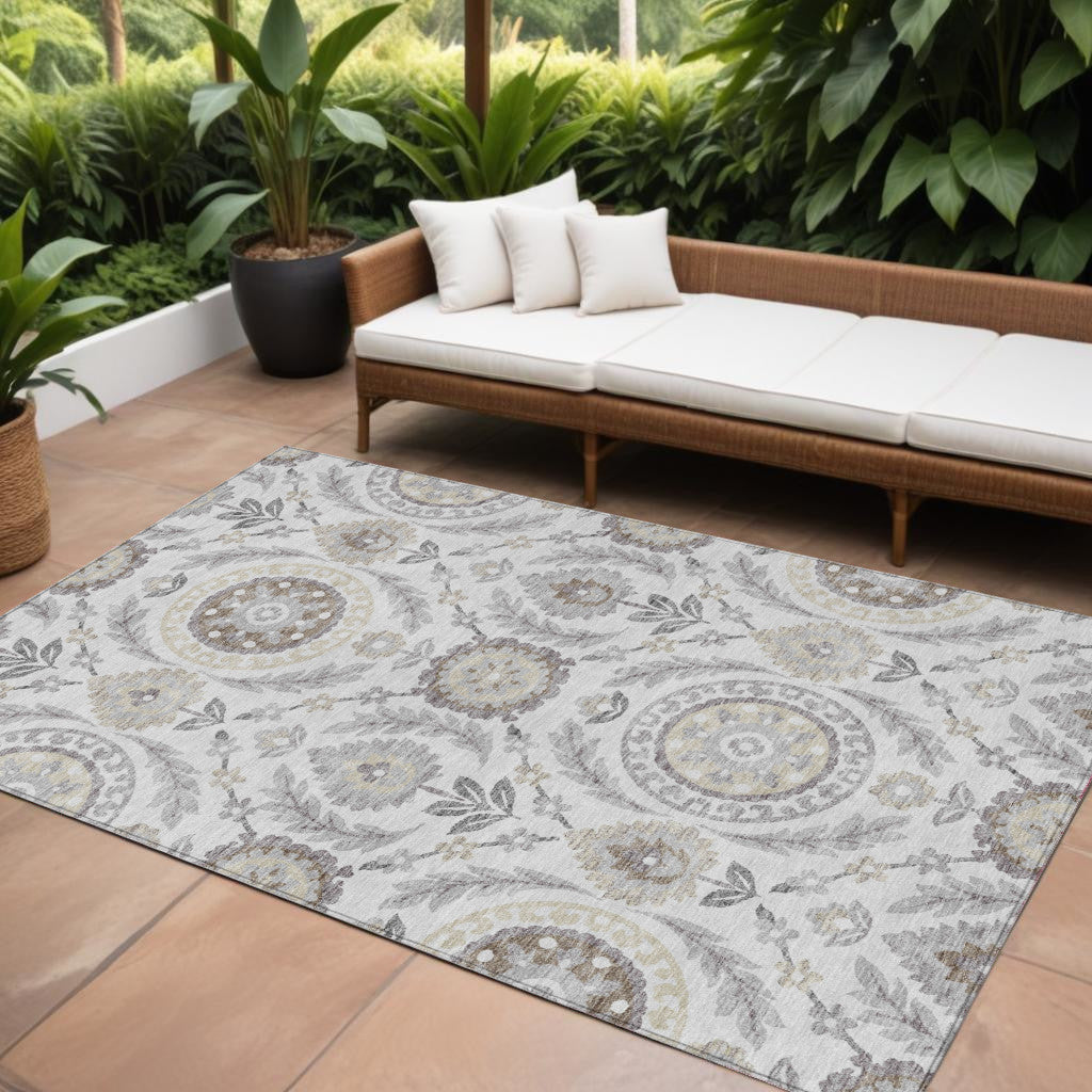9' X 12' Silver Gray And Taupe Floral Washable Indoor Outdoor Area Rug
