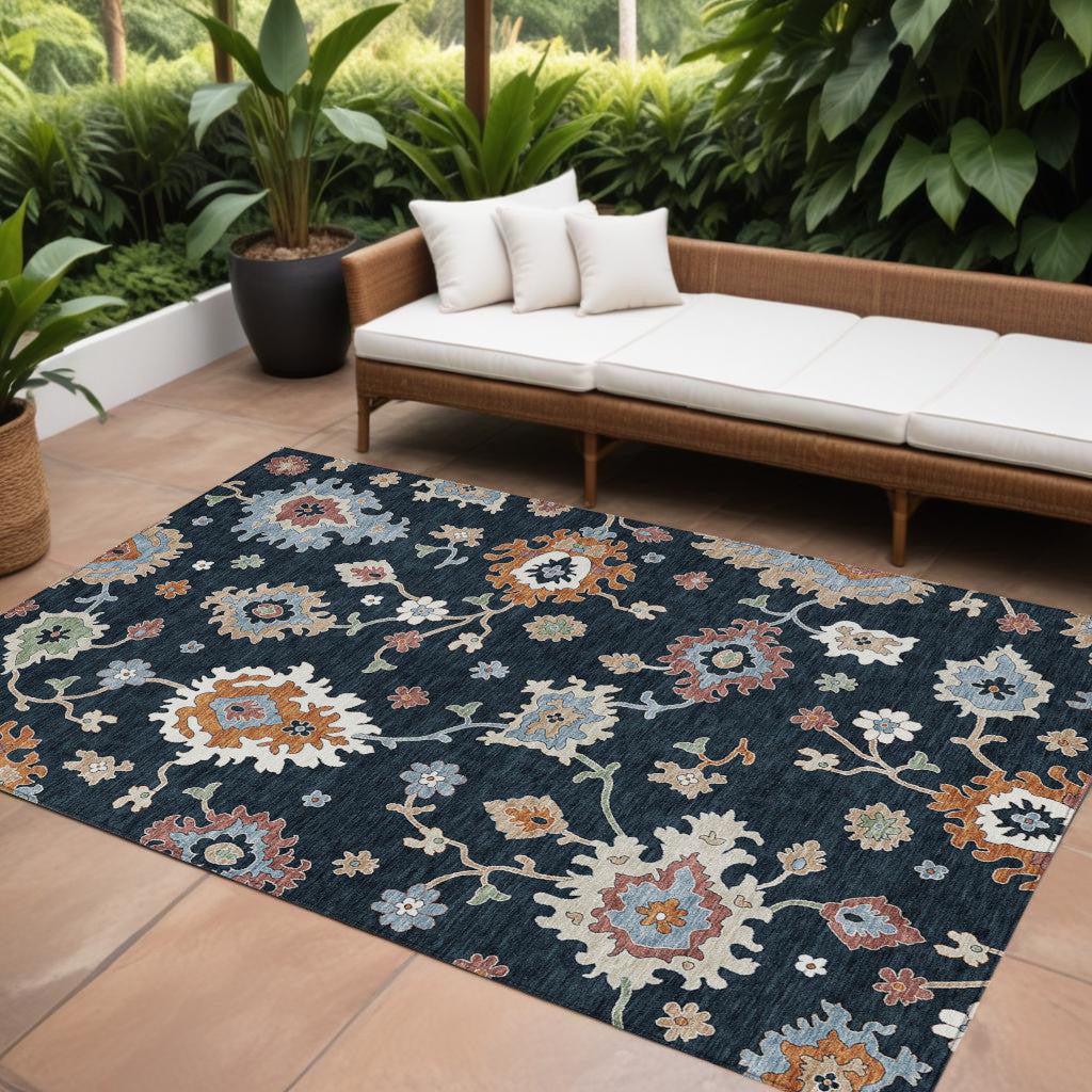 9' X 12' Black Blue And Ivory Floral Washable Indoor Outdoor Area Rug