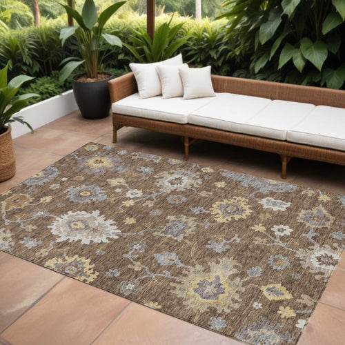 10' X 14' Chocolate Taupe And White Floral Washable Indoor Outdoor Area Rug