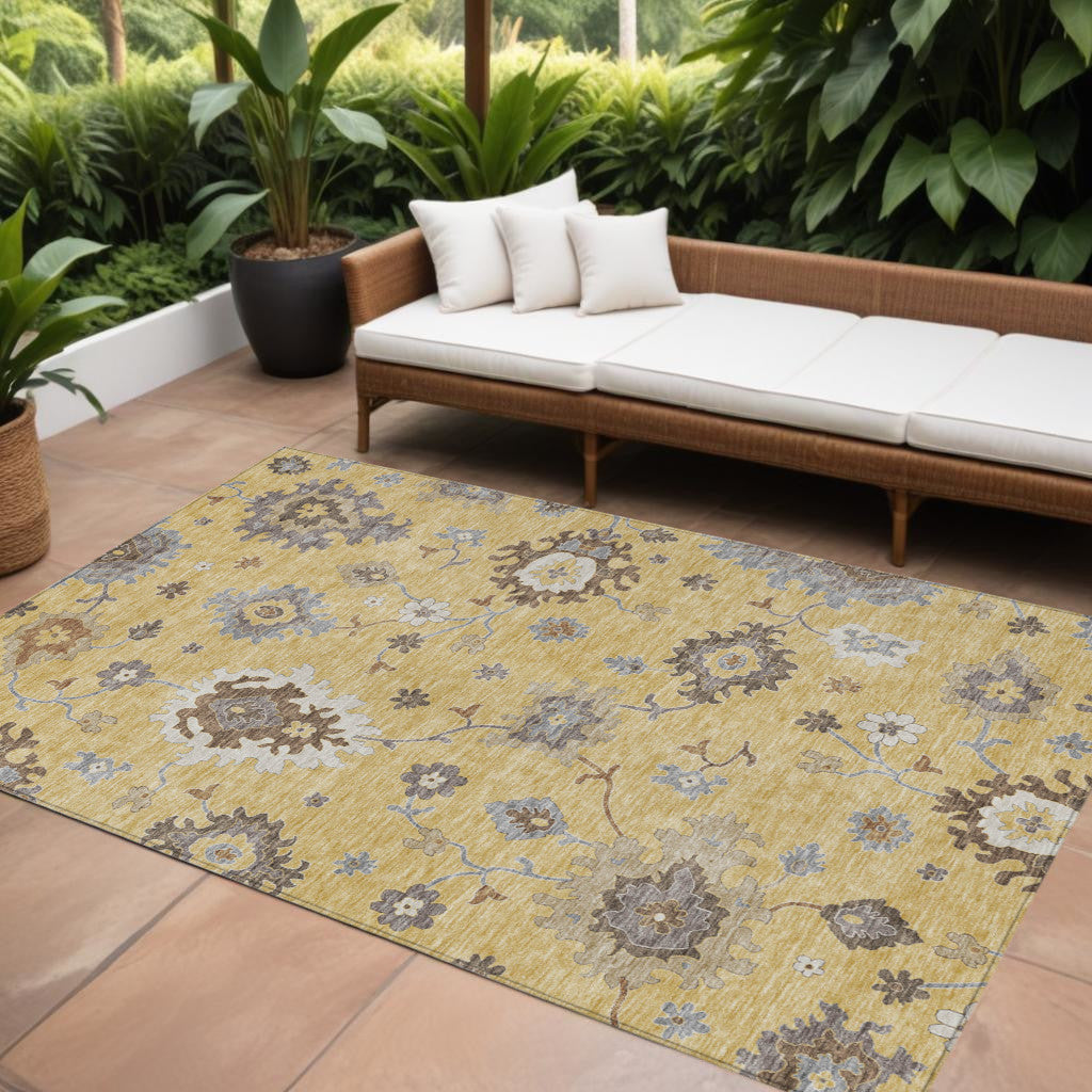 9' X 12' Gold Ivory And Brown Floral Washable Indoor Outdoor Area Rug