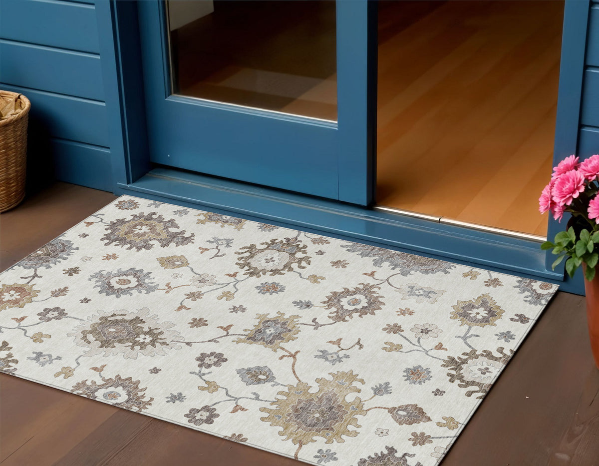 3' X 5' Ivory Gray And Taupe Floral Washable Indoor Outdoor Area Rug