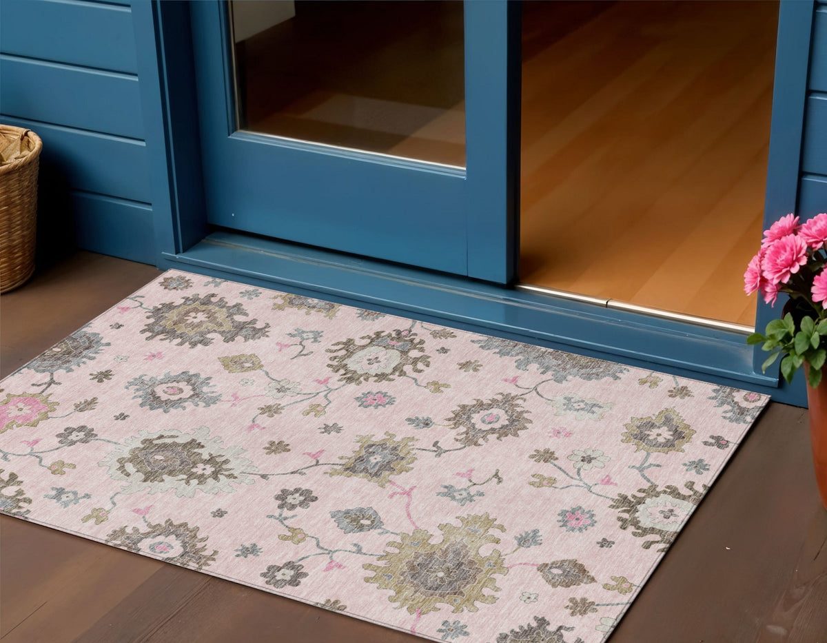 3' X 5' Pink Ivory And Chocolate Floral Washable Indoor Outdoor Area Rug