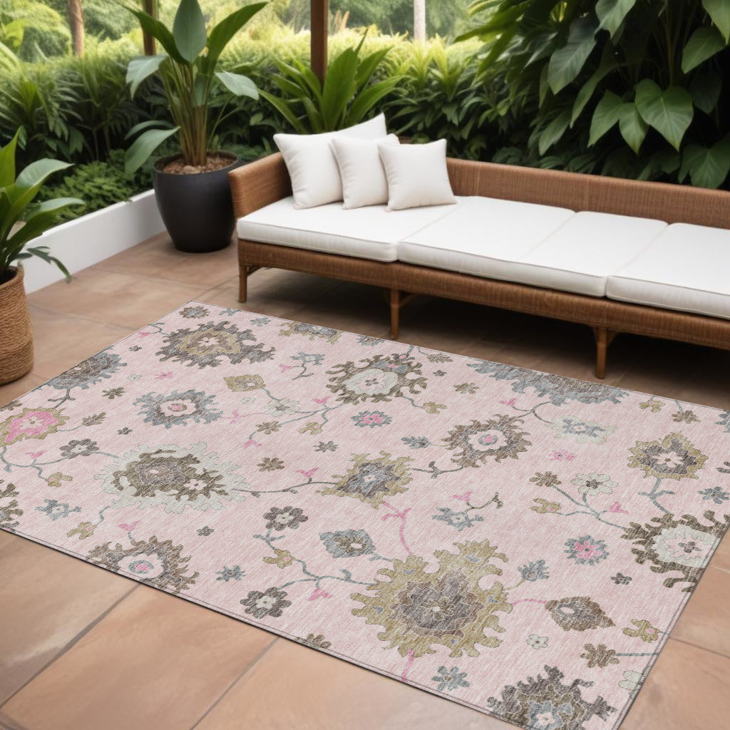 9' X 12' Pink Ivory And Chocolate Floral Washable Indoor Outdoor Area Rug
